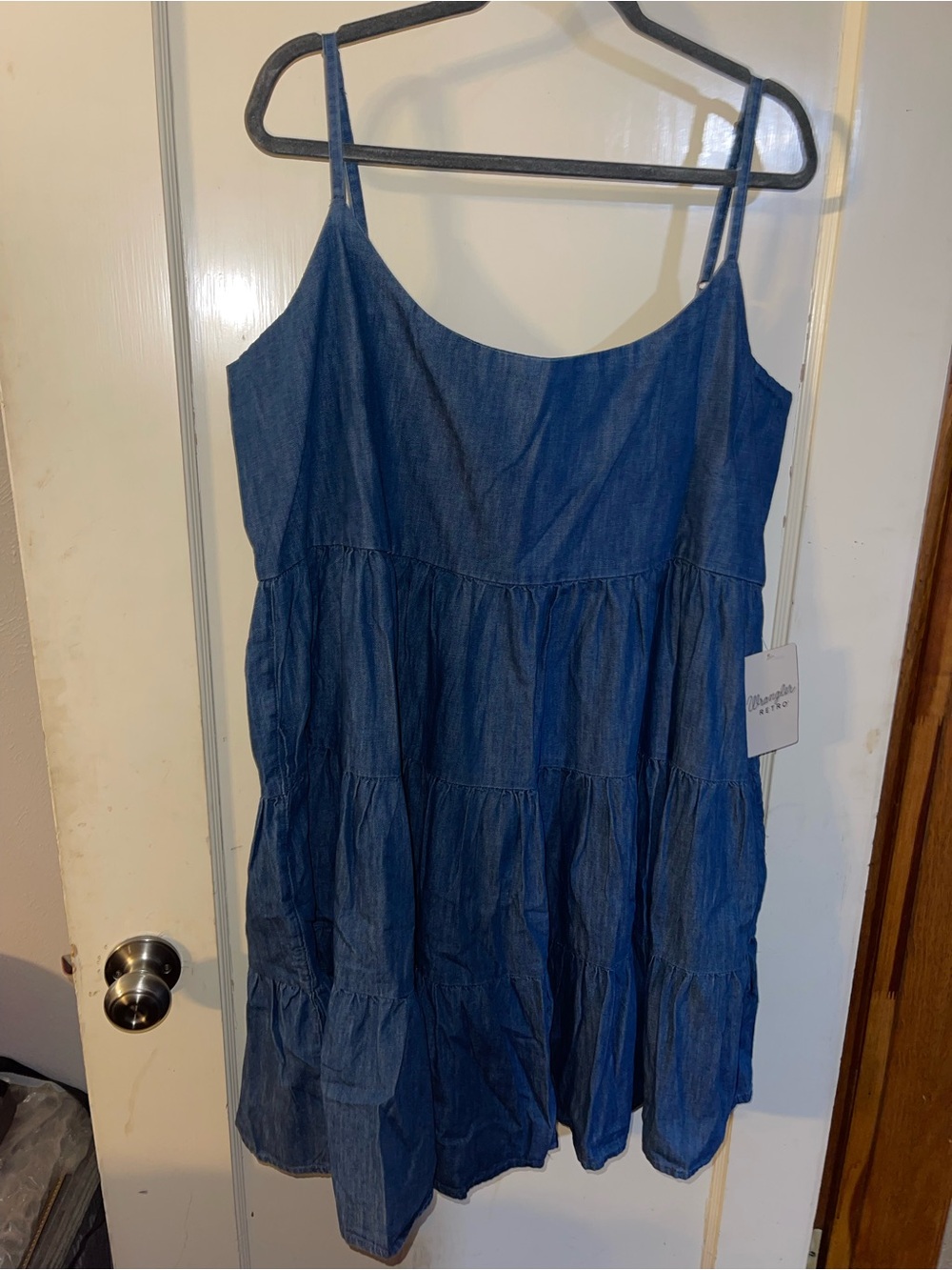 Denim Tiered Midi Dress with Spaghetti Straps